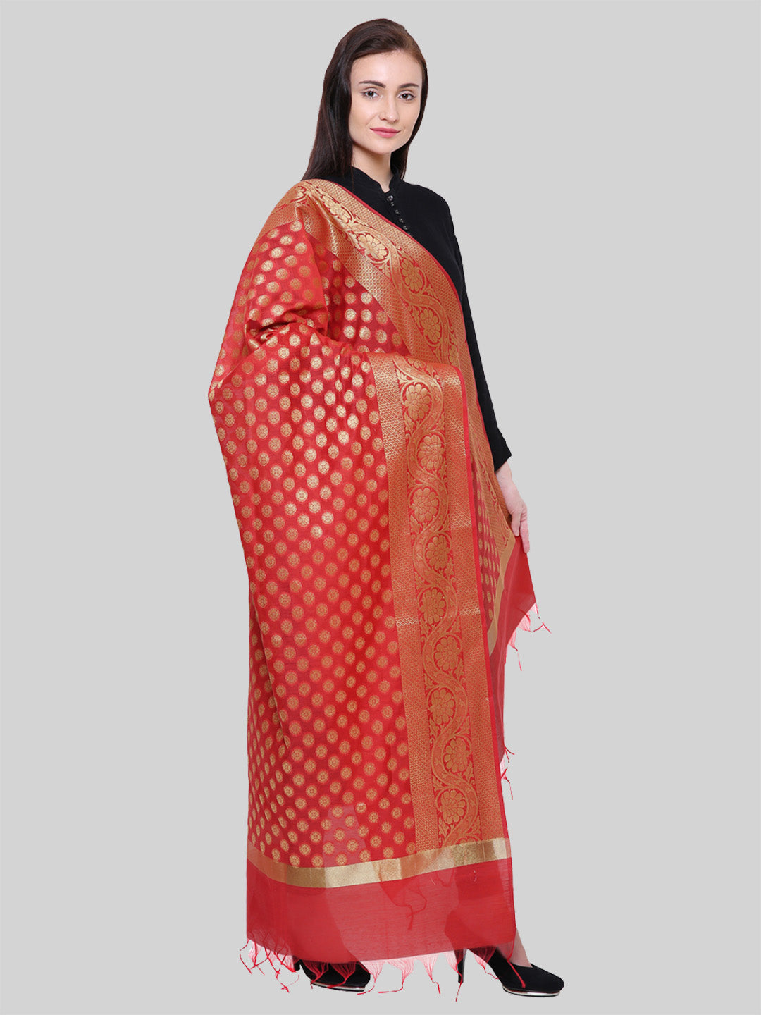 Saundarya Women's Maroon Banarasi Silk Golden Zari Work Dupatta