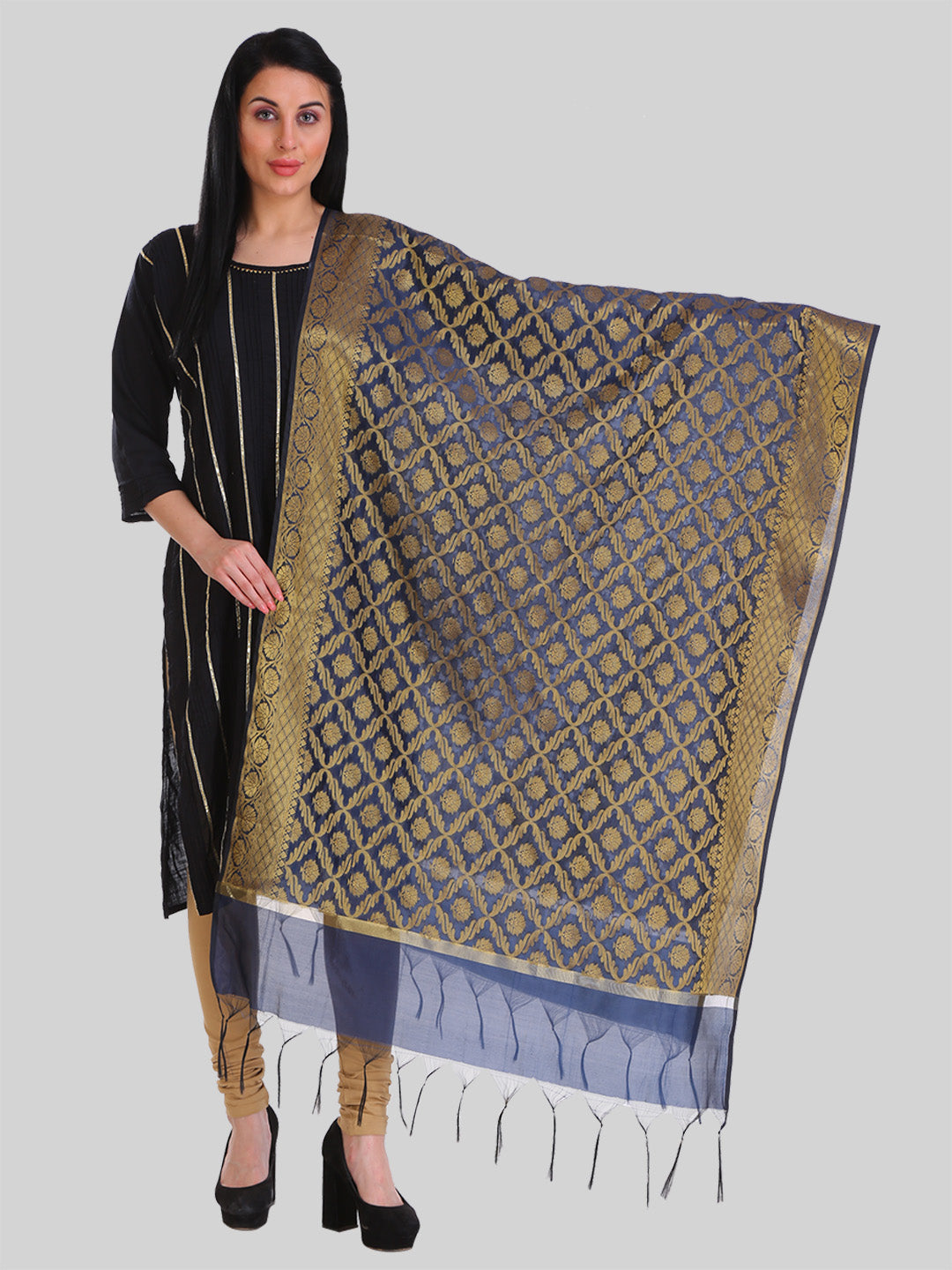 Saundarya Women's Navy Blue Banarasi Silk Golden Zari Work Dupatta