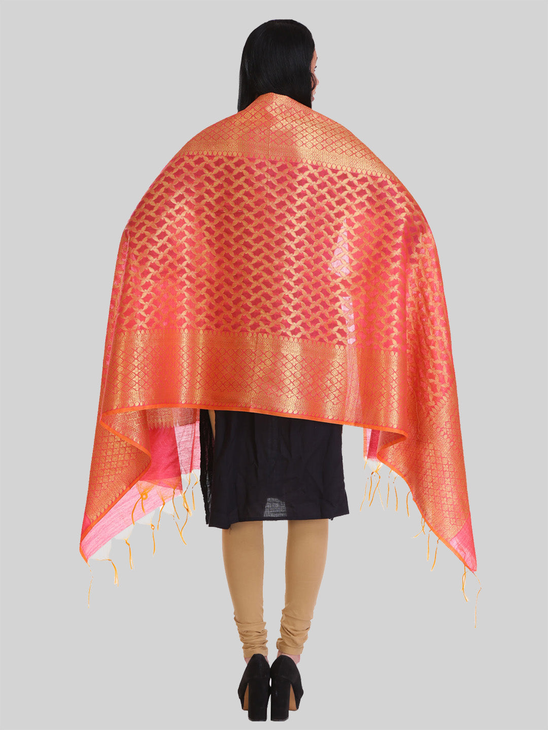 Saundarya Women's Pink Banarasi Silk Golden Zari Work Dupatta