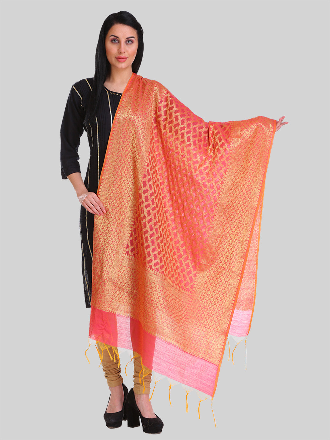 Saundarya Women's Pink Banarasi Silk Golden Zari Work Dupatta