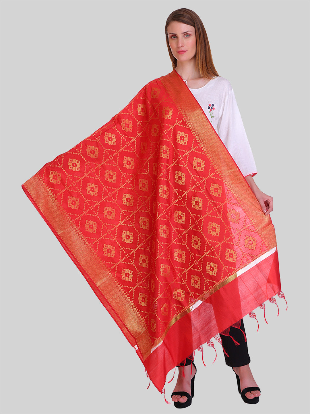 Saundarya Women's Red Banarasi Silk Golden Zari Work Dupatta