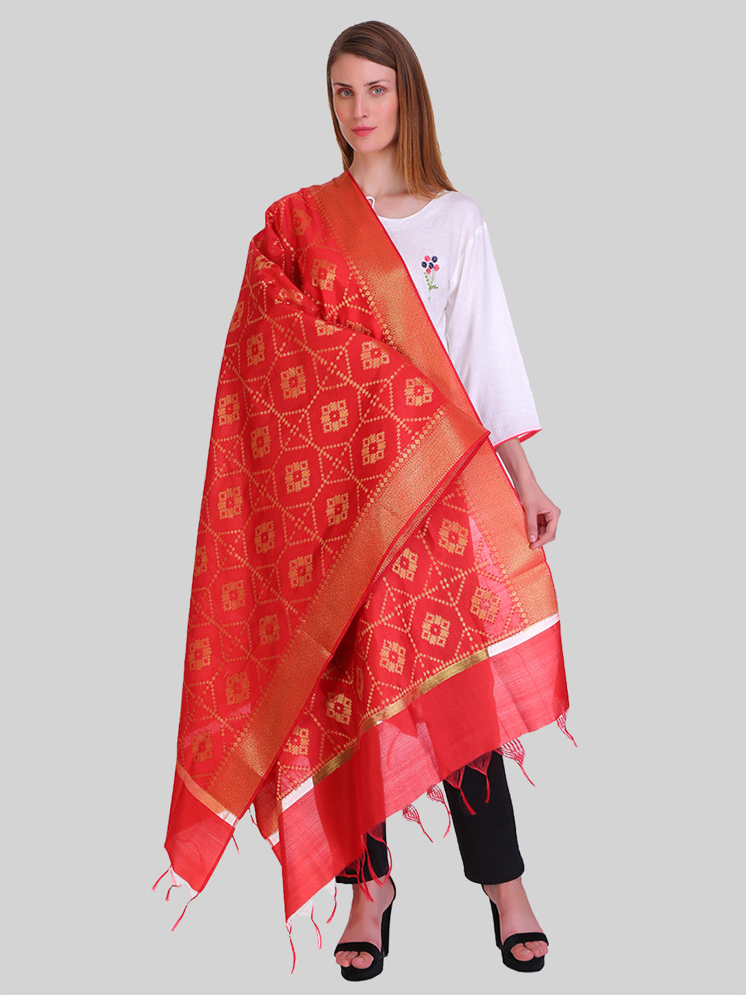 Saundarya Women's Red Banarasi Silk Golden Zari Work Dupatta