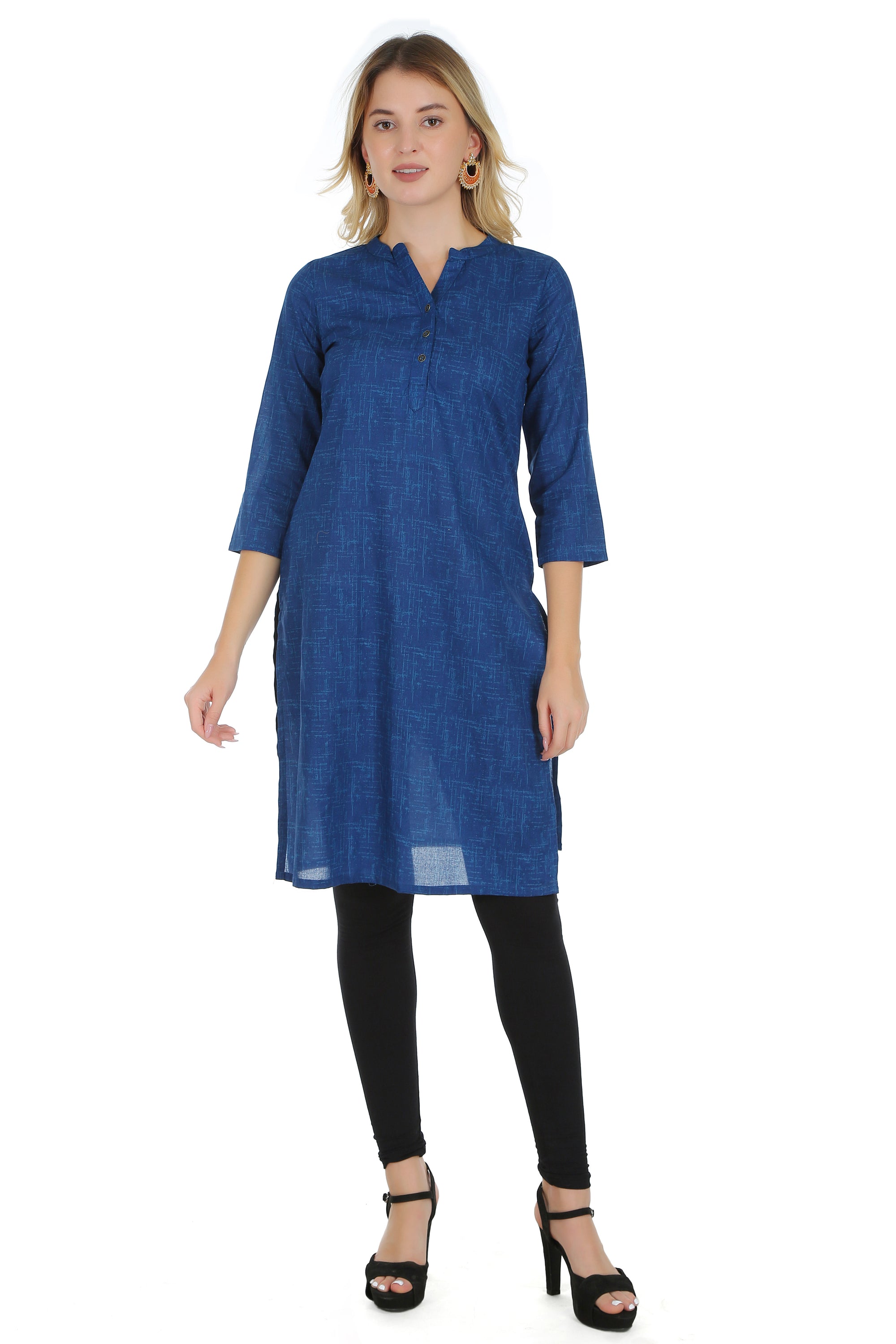 Saundarya Women's Calf Length Pure Cotton Mandarin Collar Full Printed Straight Kurta Navy Blue