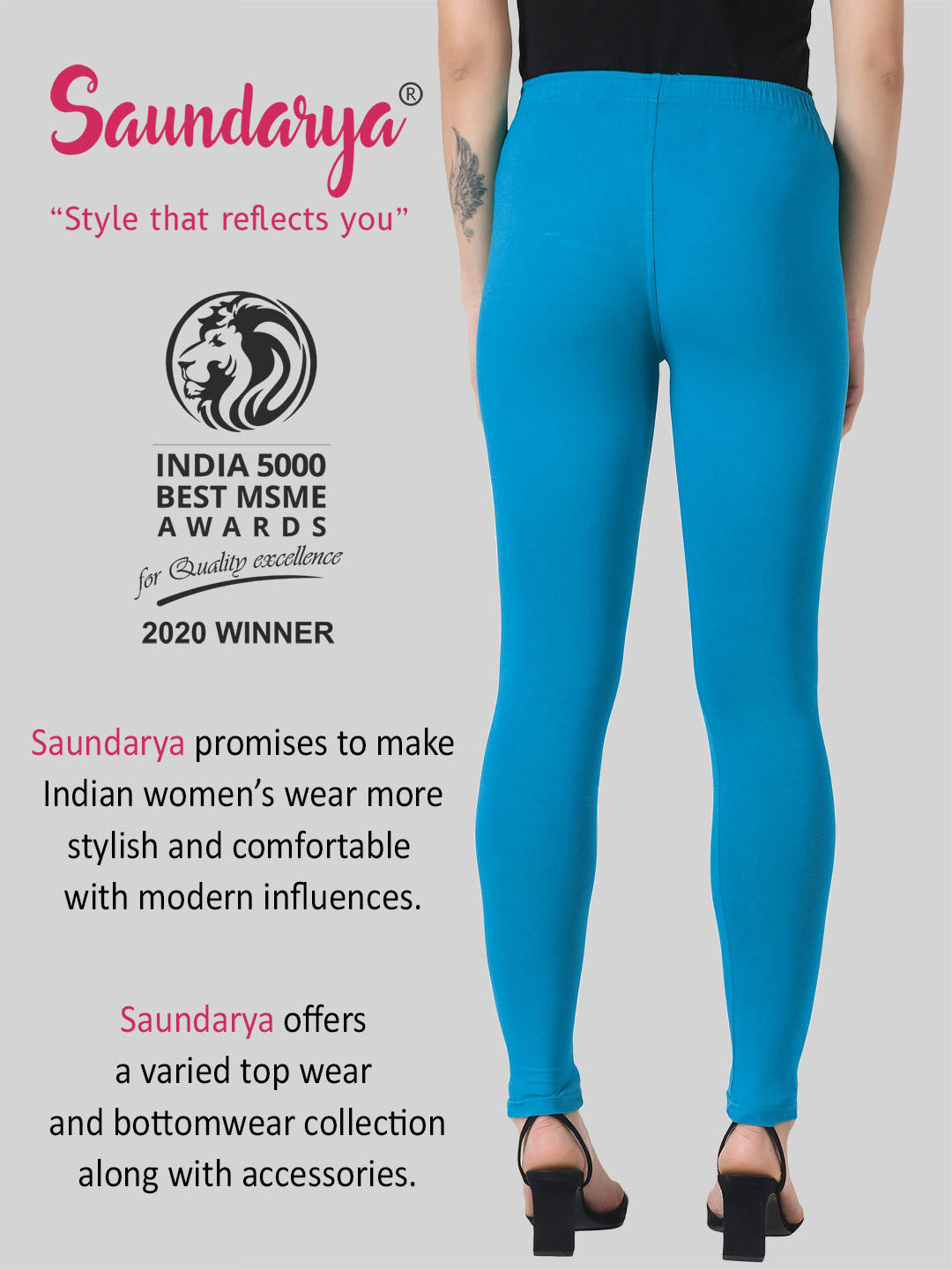Saundarya Women's Azure Blue Ankle Length Leggings Cotton