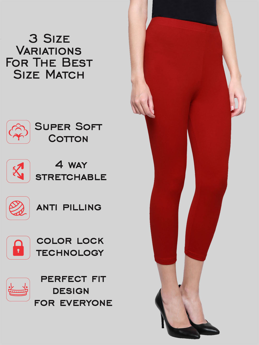 Saundarya Women's Red Calf Length Leggings Cotton