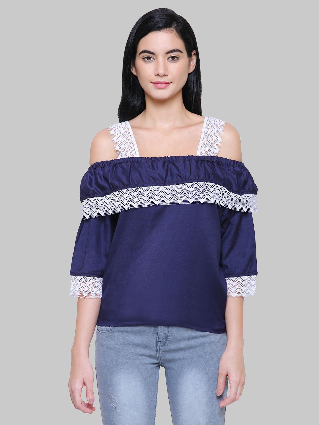 Saundarya Women's Navy Blue Off Shoulder Lace Sleeve Top