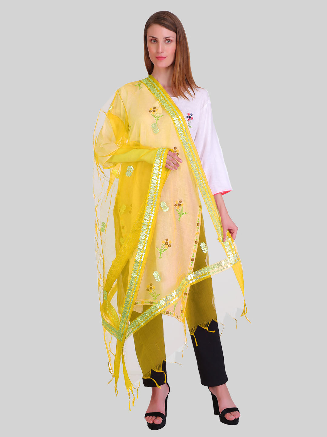 Saundarya Women's Yellow Organza Dupatta
