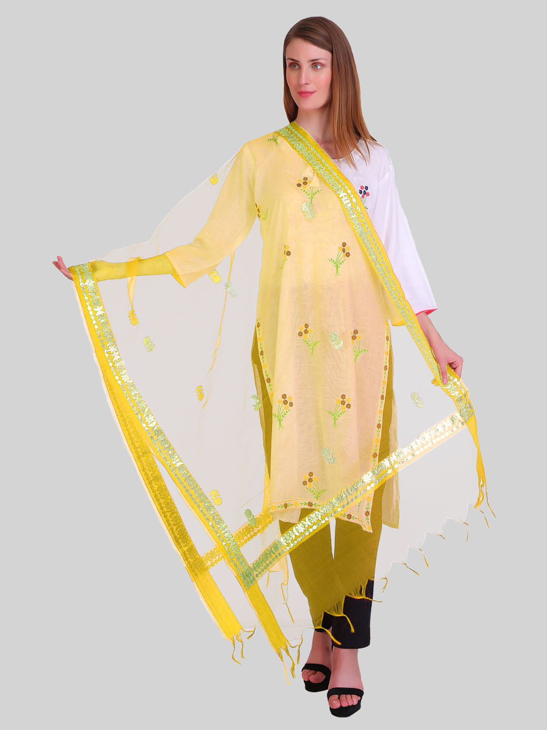 Saundarya Women's Yellow Organza Dupatta