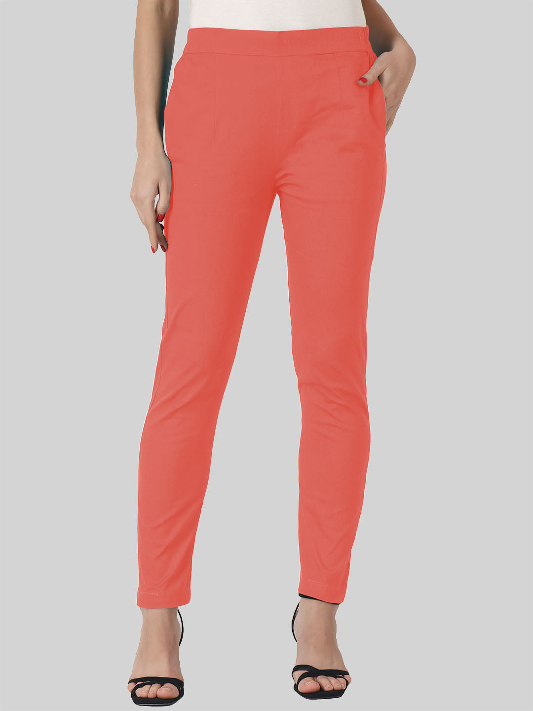 Saundarya Women's Coral Red Ankle Length Pants