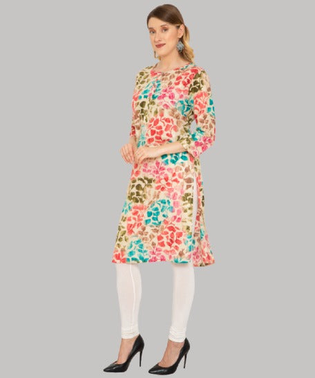 Saundarya Women's Calf Length Foil Print Cambric Cotton Kurta with Round Neck and Button Detailing Multicolor