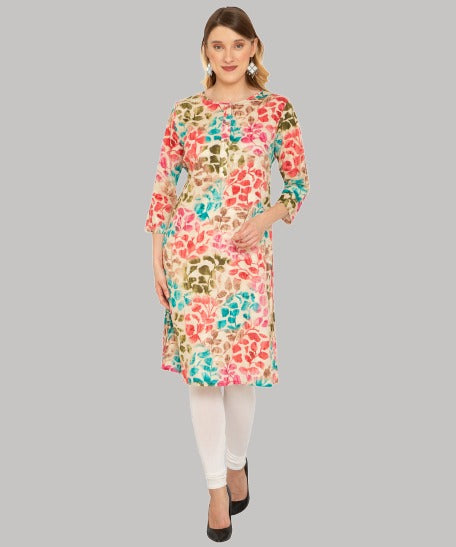 Saundarya Women's Calf Length Foil Print Cambric Cotton Kurta with Round Neck and Button Detailing Multicolor