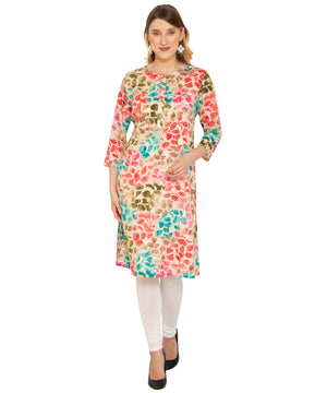 Saundarya Women's Calf Length Foil Print Cambric Cotton Kurta with Round Neck and Button Detailing Multicolor
