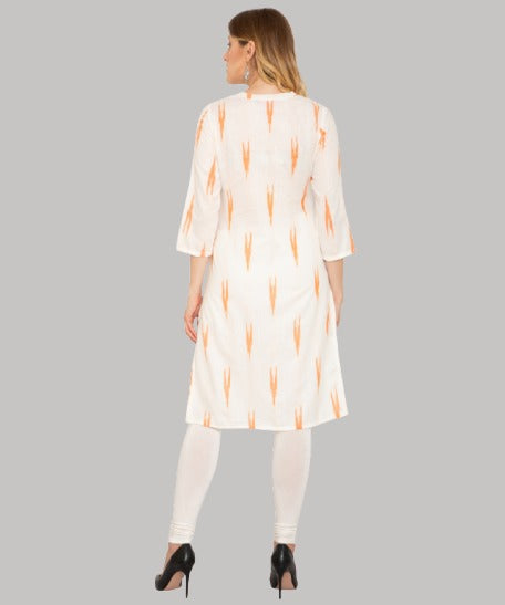 Saundarya Women's Calf Length Ikkat Print Cotton Kurta with Flat Mandarin Collar