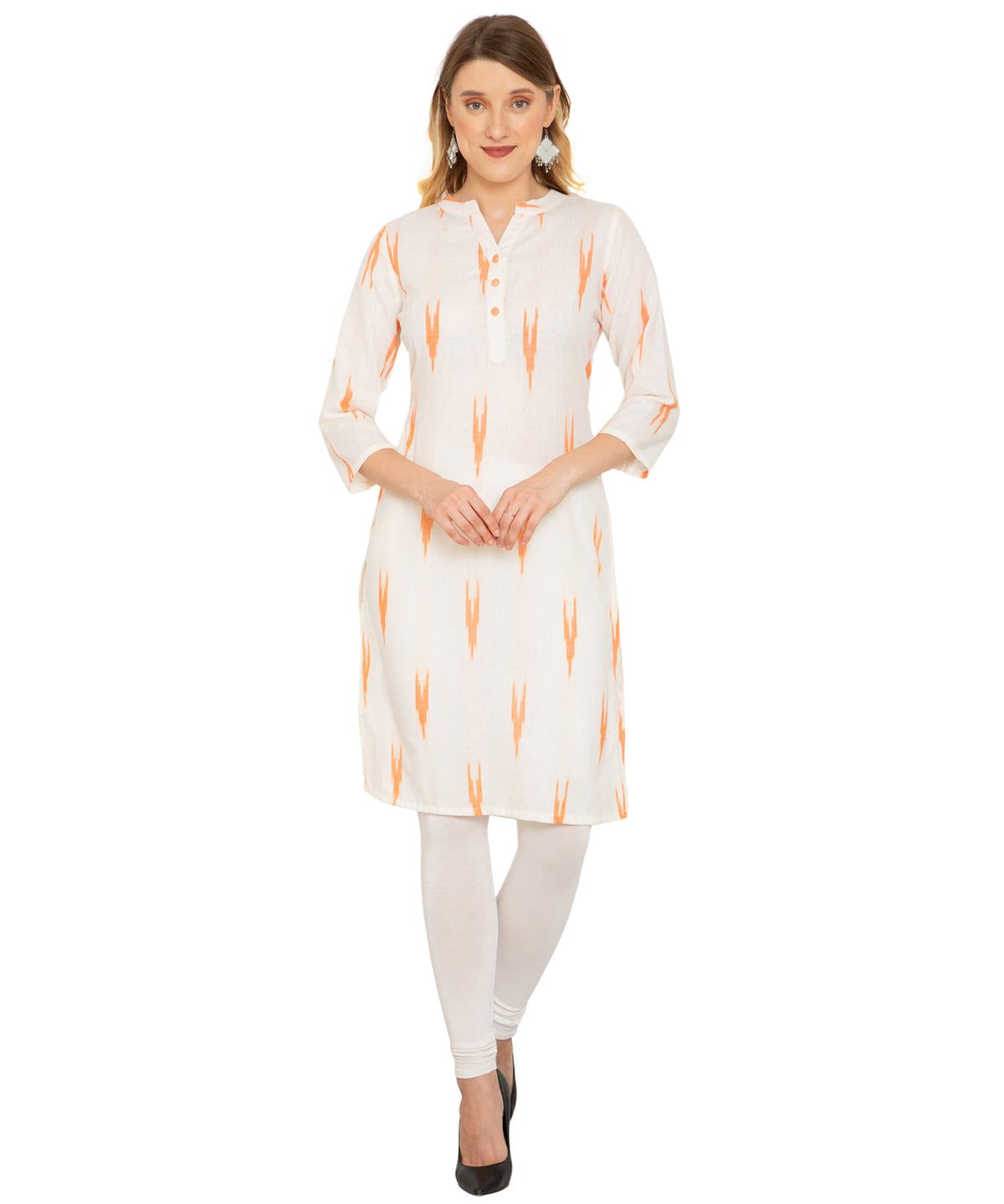Saundarya Women's Calf Length Ikkat Print Cotton Kurta with Flat Mandarin Collar