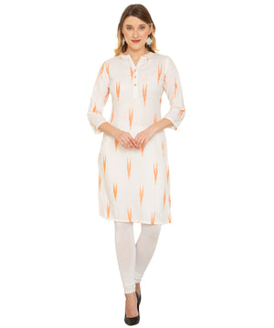 Saundarya Women's Calf Length Ikkat Print Cotton Kurta with Flat Mandarin Collar