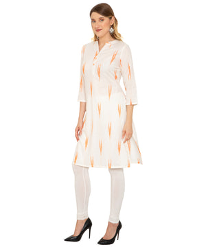 Saundarya Women's Calf Length Ikkat Print Cotton Kurta with Flat Mandarin Collar
