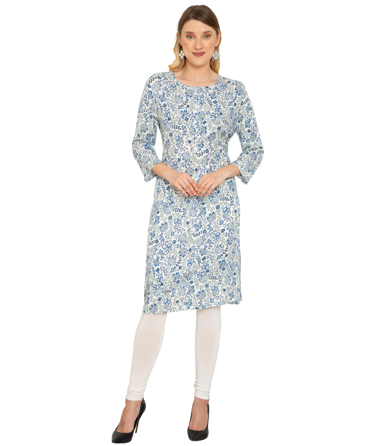 Saundarya Women's Calf Length Printed Crepe Blend Kurta with Round Neck and Button Detailing Blue