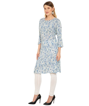 Saundarya Women's Calf Length Printed Crepe Blend Kurta with Round Neck and Button Detailing Blue