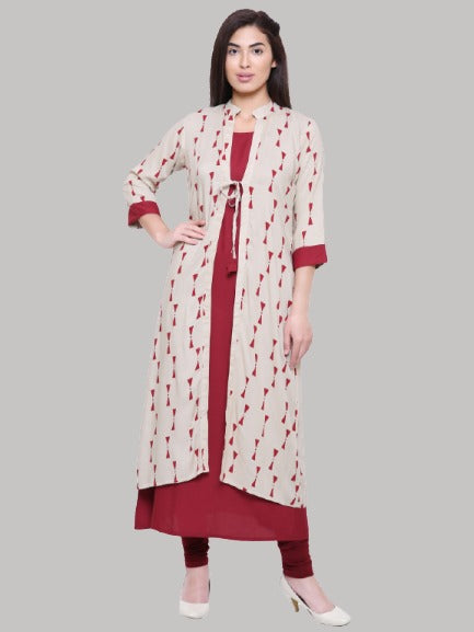 Saundarya Women's Rayon Cotton Sleeveless Dress With jacket : Maroon