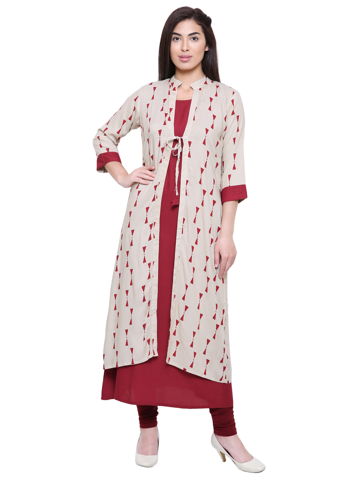 Saundarya Women's Rayon Cotton Sleeveless Dress With jacket : Maroon