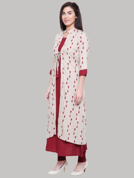 Saundarya Women's Rayon Cotton Sleeveless Dress With jacket : Maroon