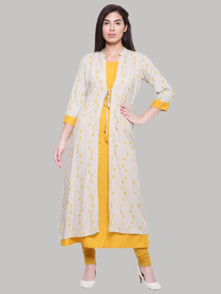 Saundarya Women's Rayon Cotton Sleeveless Dress With jacket : Yellow
