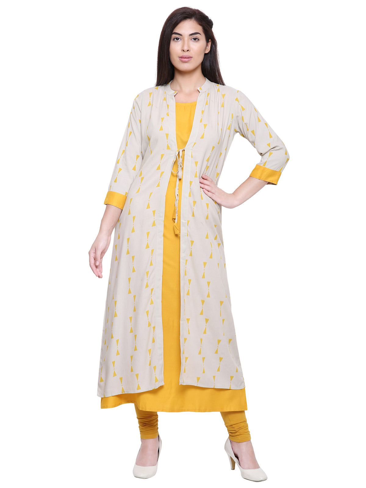 Saundarya Women's Rayon Cotton Sleeveless Dress With jacket : Yellow