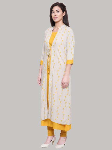 Saundarya Women's Rayon Cotton Sleeveless Dress With jacket : Yellow