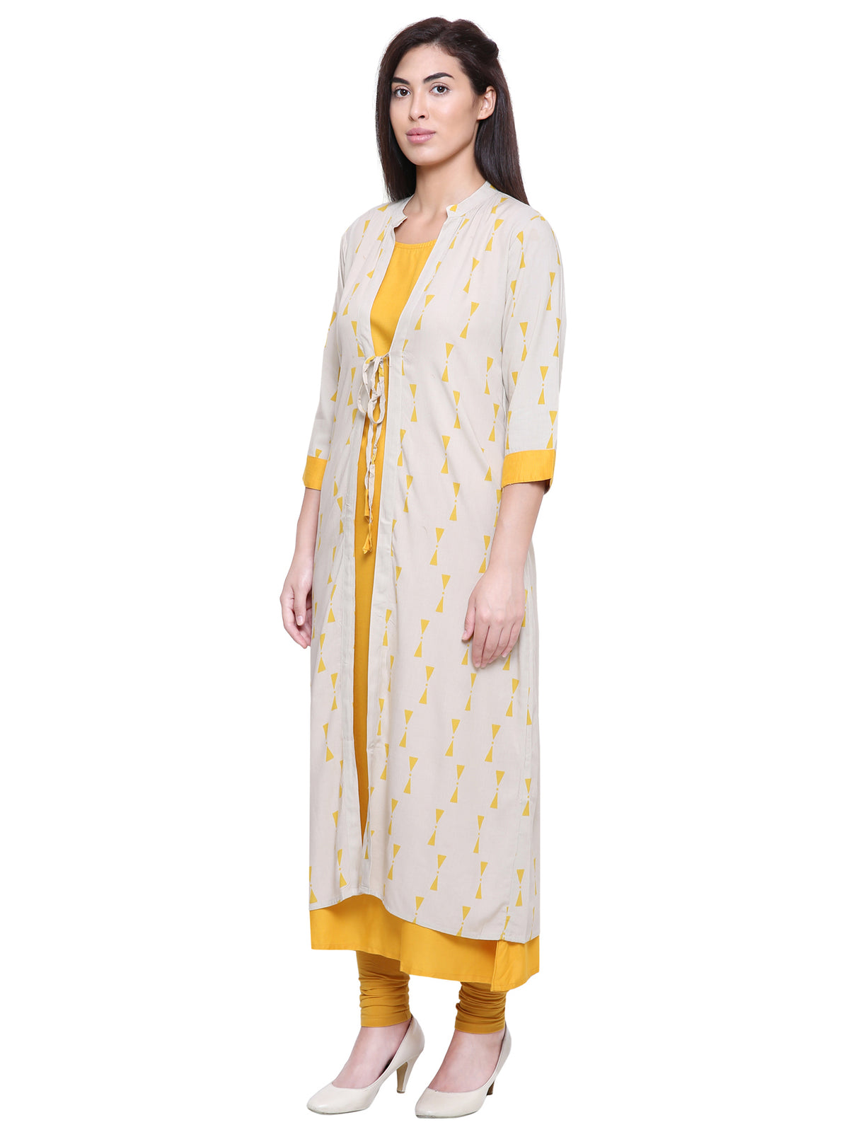 Saundarya Women's Rayon Cotton Sleeveless Dress With jacket : Yellow