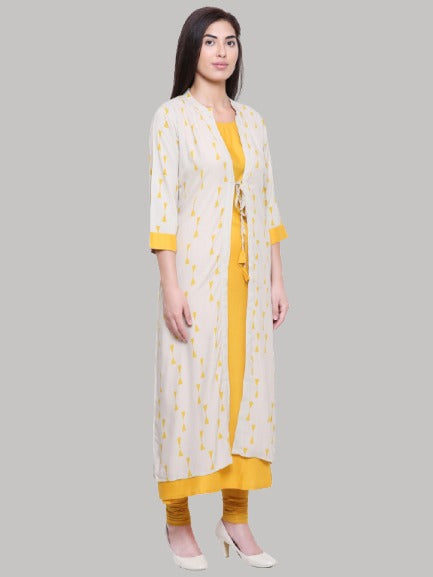 Saundarya Women's Rayon Cotton Sleeveless Dress With jacket : Yellow