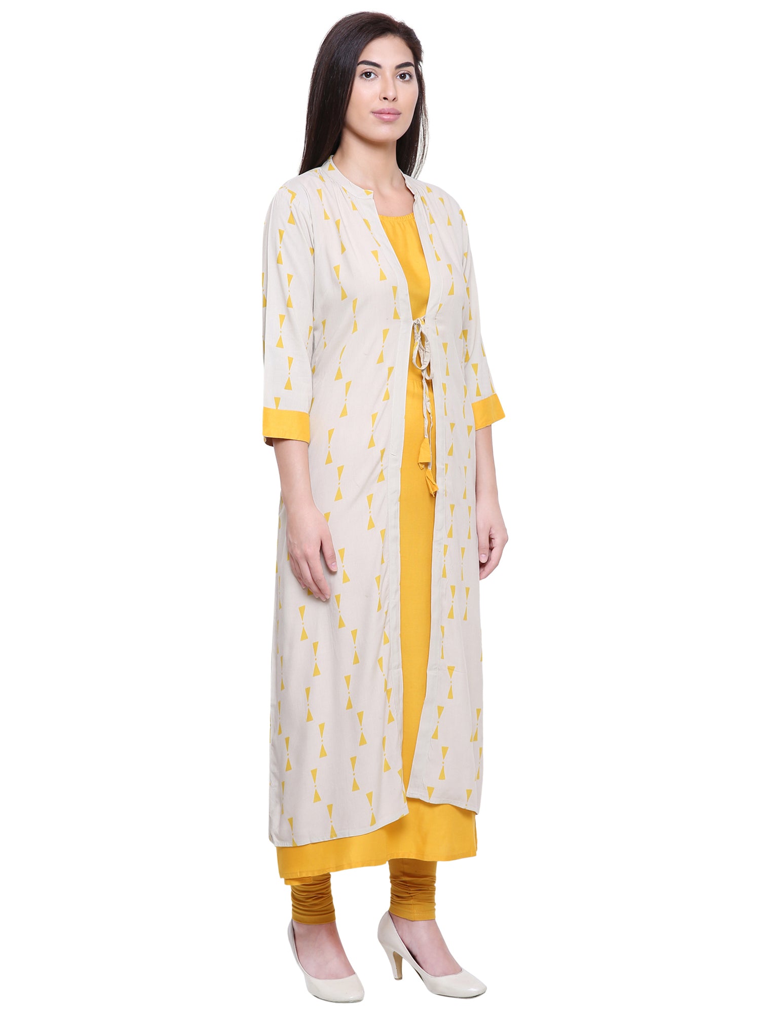 Saundarya Women's Rayon Cotton Sleeveless Dress With jacket : Yellow