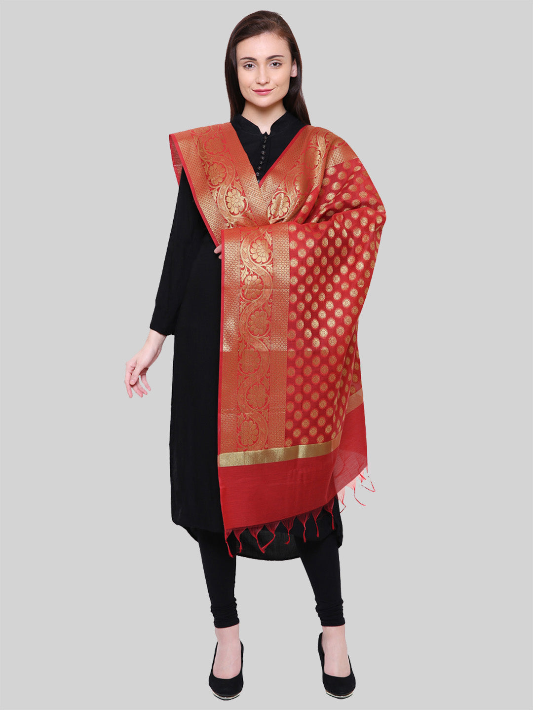 Saundarya Women's Maroon Banarasi Silk Golden Zari Work Dupatta