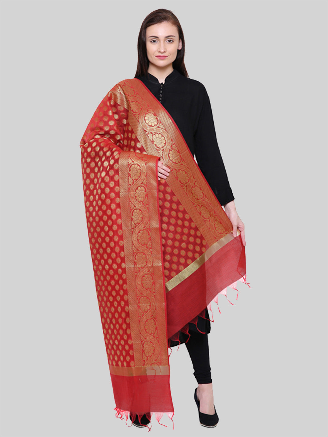 Saundarya Women's Maroon Banarasi Silk Golden Zari Work Dupatta