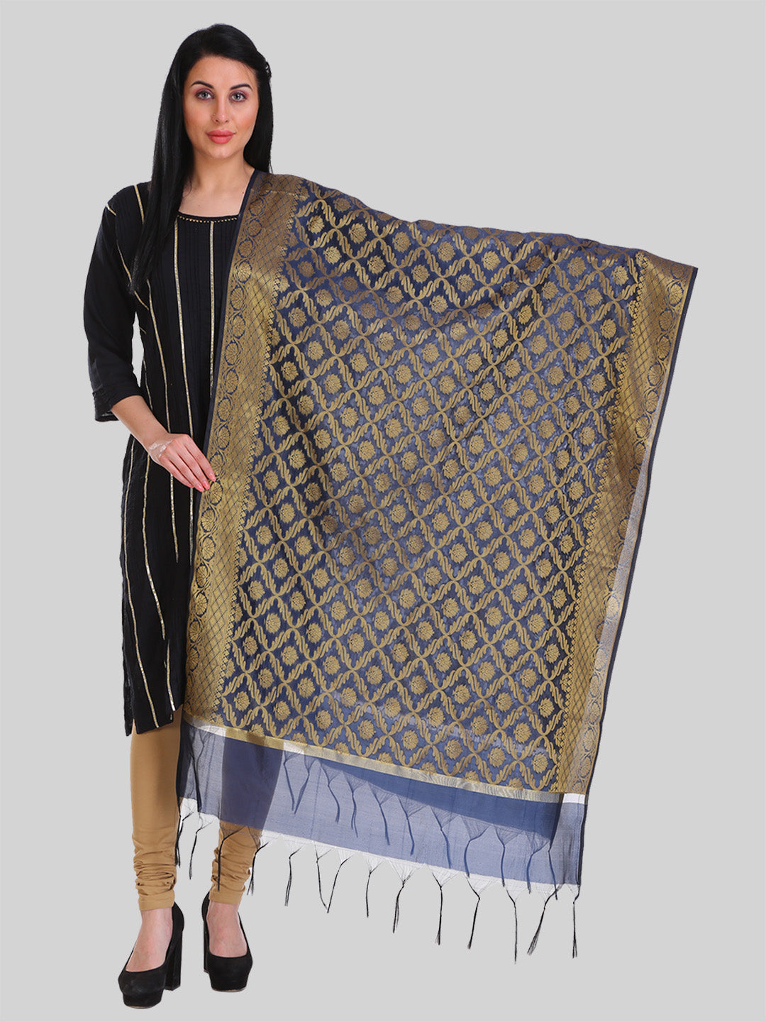 Saundarya Women's Navy Blue Banarasi Silk Golden Zari Work Dupatta