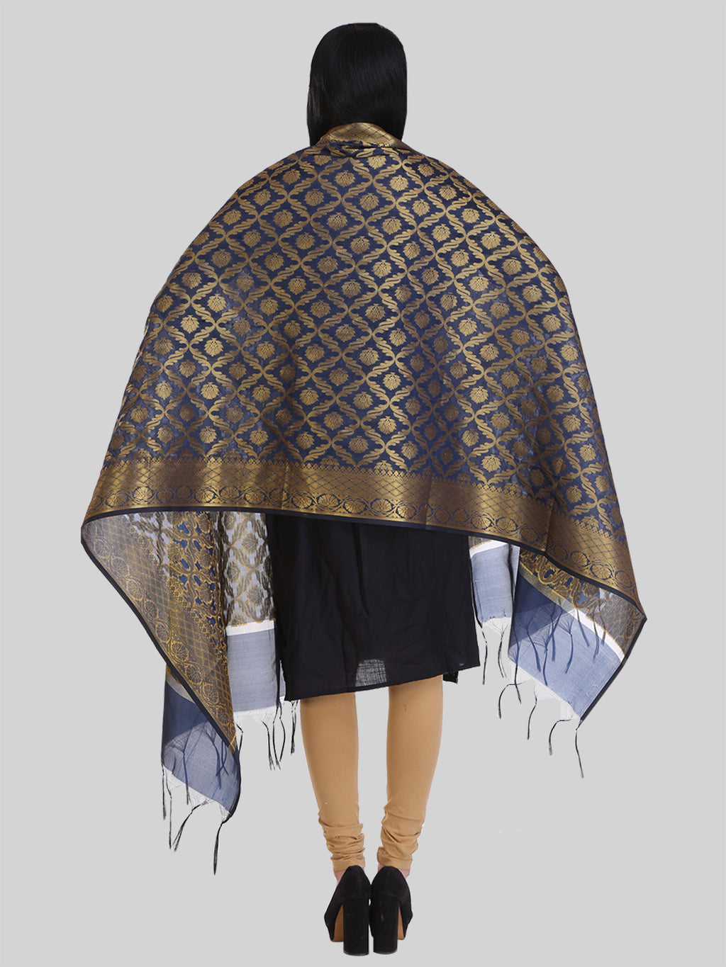Saundarya Women's Navy Blue Banarasi Silk Golden Zari Work Dupatta