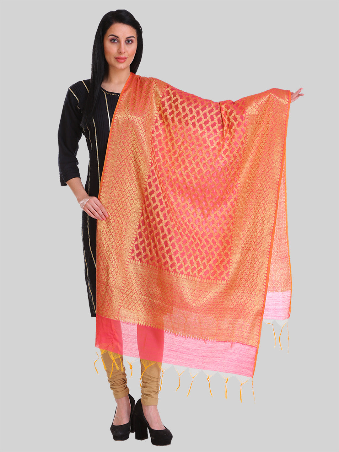 Saundarya Women's Pink Banarasi Silk Golden Zari Work Dupatta