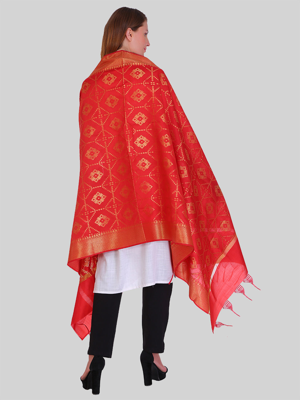 Saundarya Women's Red Banarasi Silk Golden Zari Work Dupatta