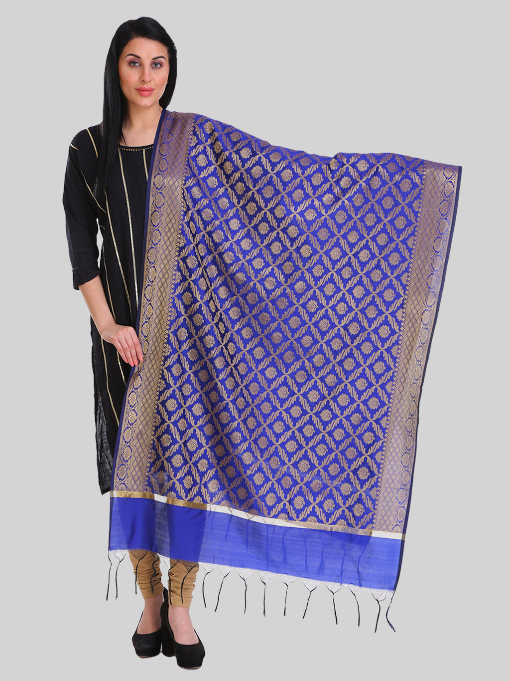 Saundarya Women's Royal Blue Banarasi Silk Golden Zari Work Dupatta
