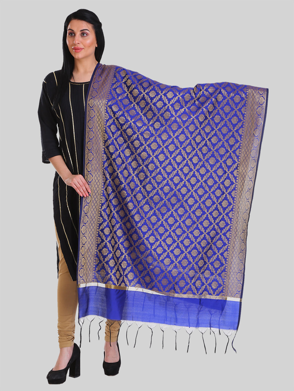 Saundarya Women's Royal Blue Banarasi Silk Golden Zari Work Dupatta
