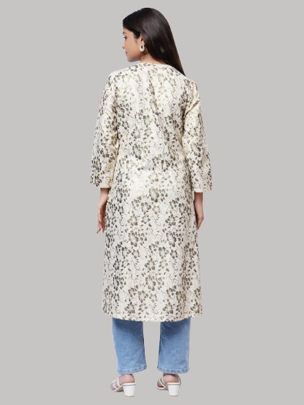 Saundarya Women's Beige Calf Length Golden Foil Print Khadi Cotton Mandarin Collar A-Line Kurta