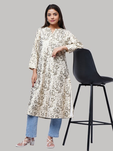 Saundarya Women's Beige Calf Length Golden Foil Print Khadi Cotton Mandarin Collar A-Line Kurta