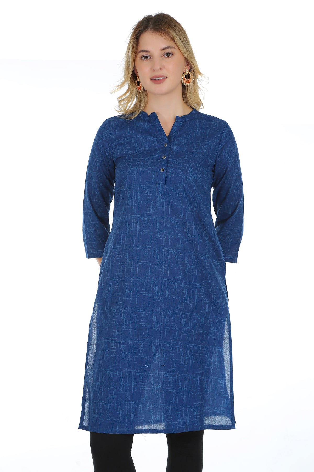 Saundarya Women's Calf Length Pure Cotton Mandarin Collar Full Printed Straight Kurta Navy Blue