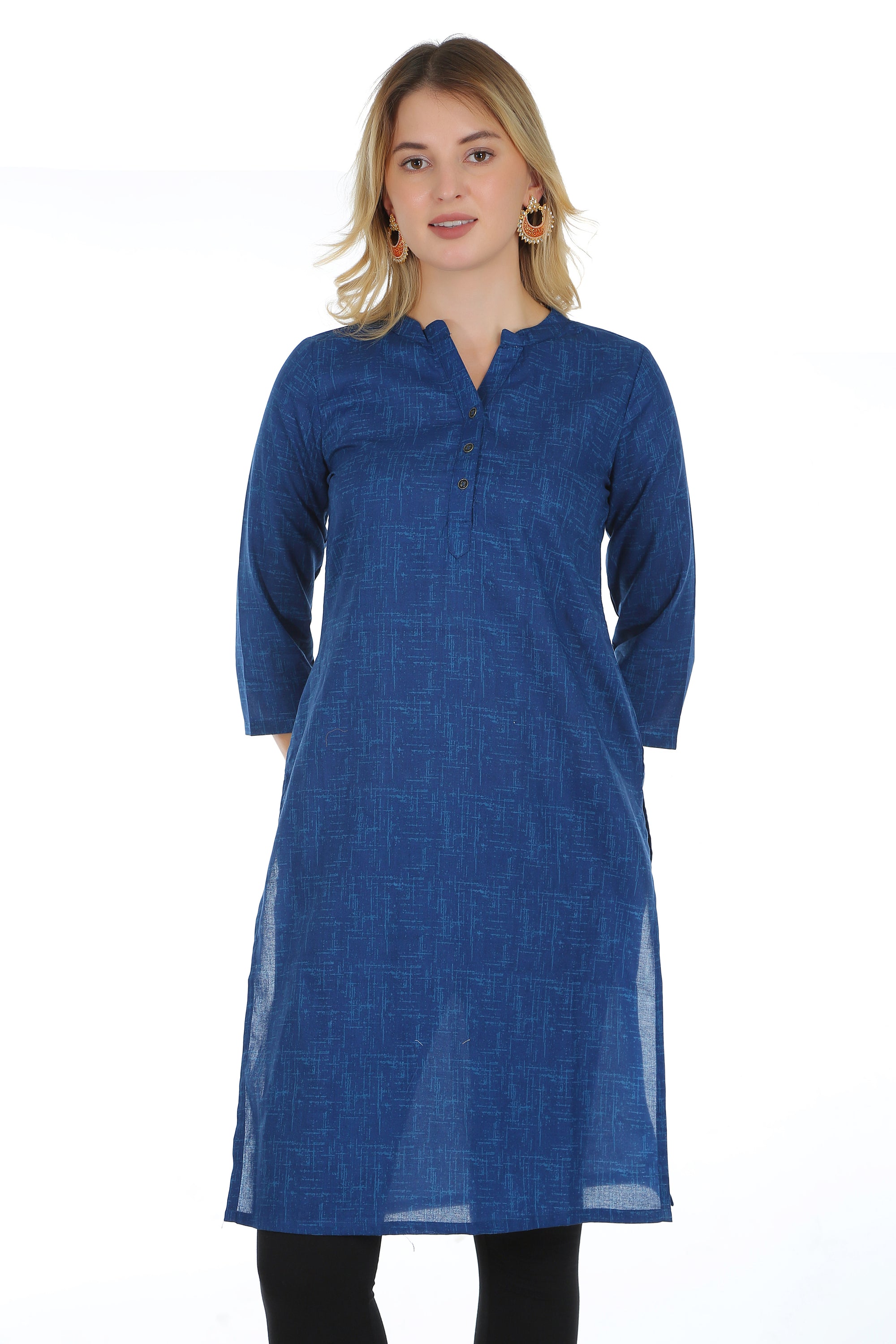 Saundarya Women's Calf Length Pure Cotton Mandarin Collar Full Printed Straight Kurta Navy Blue