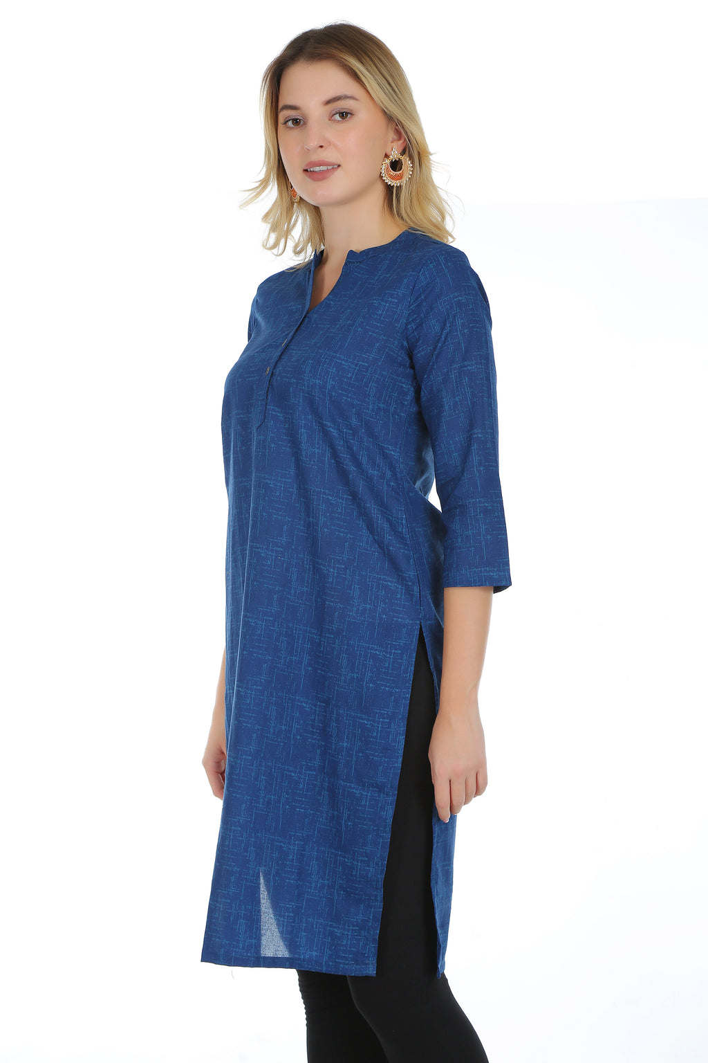 Saundarya Women's Calf Length Pure Cotton Mandarin Collar Full Printed Straight Kurta Navy Blue