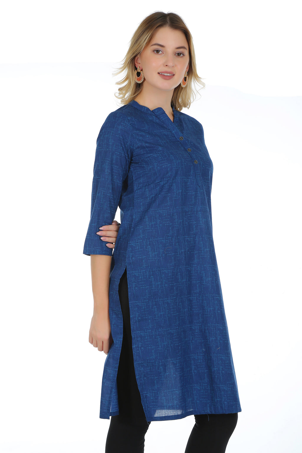 Saundarya Women's Calf Length Pure Cotton Mandarin Collar Full Printed Straight Kurta Navy Blue