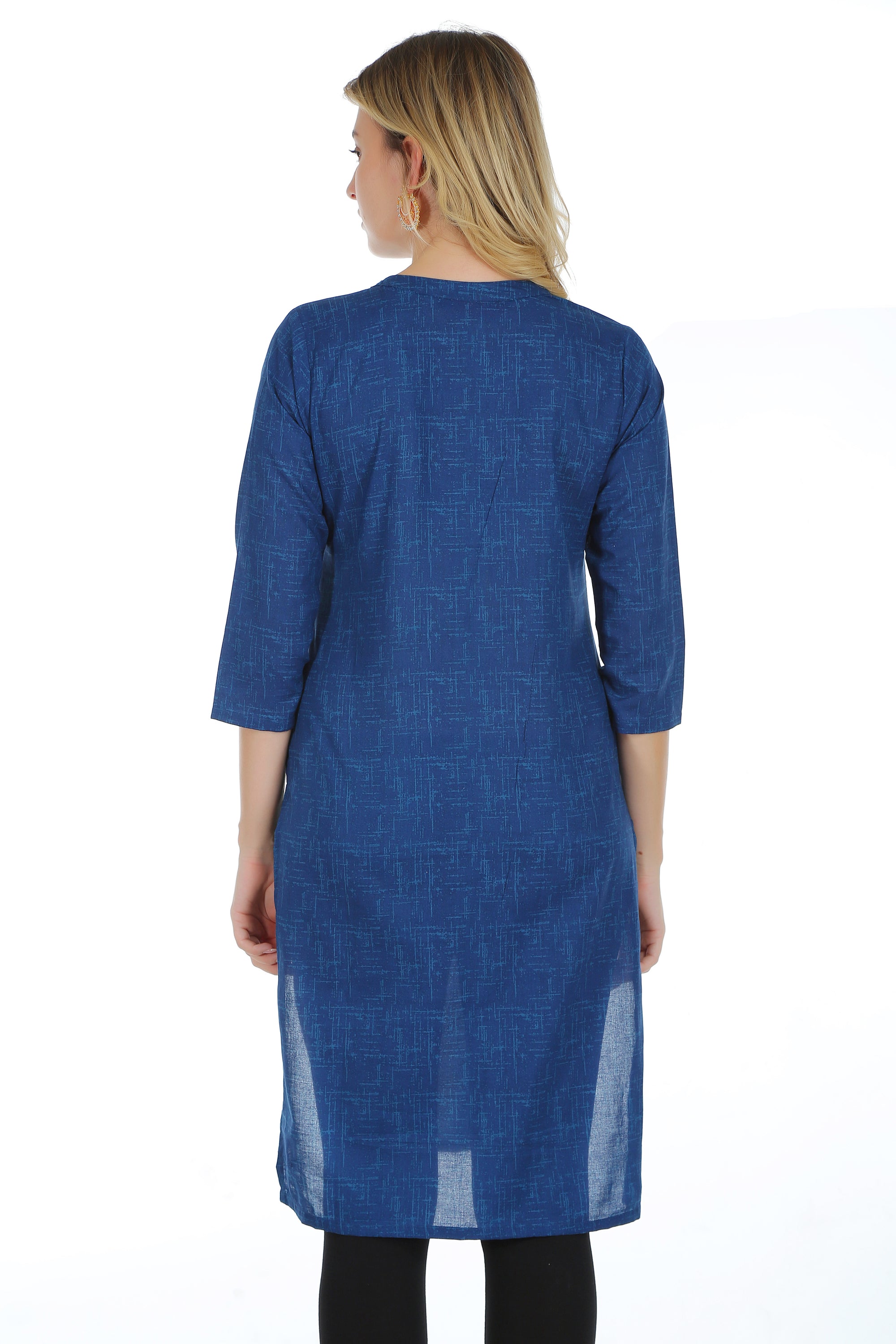 Saundarya Women's Calf Length Pure Cotton Mandarin Collar Full Printed Straight Kurta Navy Blue