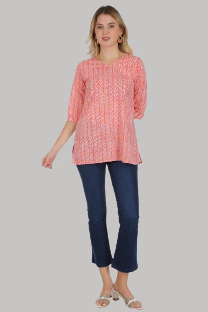 Saundarya Women's Cotton V-Neck Mid Thigh Length Printed Kurti Top Coral Red
