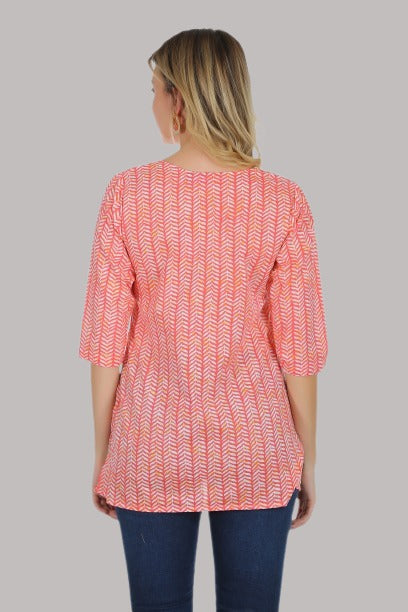Saundarya Women's Cotton V-Neck Mid Thigh Length Printed Kurti Top Coral Red