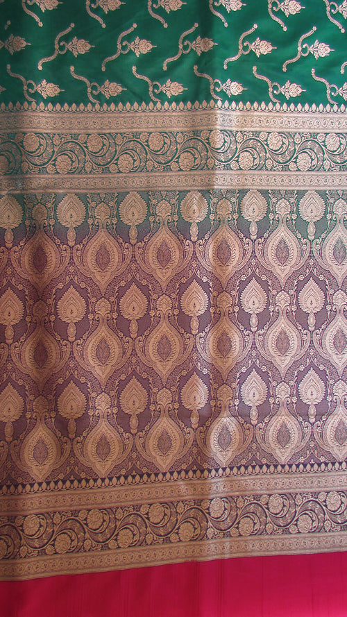 Saugandh Women's Bottle Green Banarasi Silk Saree by Saundarya