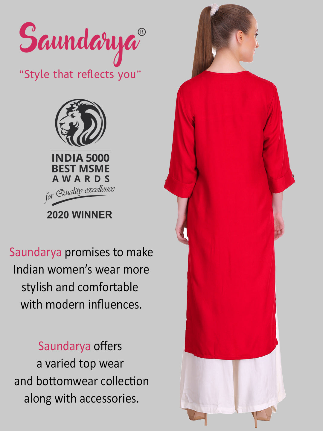 Saundarya Women's Red Plain Rayon Straight Kurta